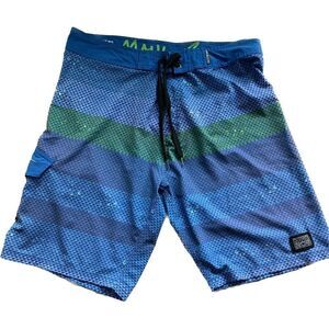Maui‎ and Sons Men's Blue Green Striped Board Shorts Swim Trunks Size Large